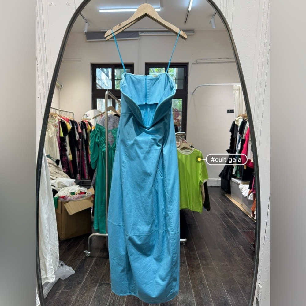 cult gaia Strapless Turquoise Blue Plunge Midi Dress - Picture 5 of 9